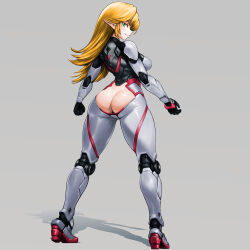 Rule 34 | 1girl, aqua eyes, ass, ass cutout, blonde hair, bodysuit, breasts, butt crack, closed mouth, clothing cutout, elf, full body, grey background, highres, legs apart, long hair, medium breasts, minamoto80486, original, pointy ears, ringed eyes, shadow, simple background, smile, solo, standing, white bodysuit