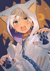 Rule 34 | 1boy, animal costume, animal ear hood, animal hands, black nails, blonde hair, blush, chain, chain leash, claw pose, collar, fake animal ears, fake tail, fingernails, gloves, green eyes, harecaba, highres, hood, hood up, leash, looking at viewer, male focus, nail polish, open mouth, orange collar, original, paw gloves, solo, sweatdrop, tail, teeth, torn clothes, upper body, upper teeth only, white gloves