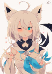 Rule 34 | 1girl, ahoge, animal ear fluff, animal ears, blouse, blue eyes, blush, braid, brown background, chestnut mouth, commentary, detached sleeves, double fox shadow puppet, fingernails, fox ears, fox shadow puppet, grey hair, hair between eyes, heart, highres, hololive, hood, hood down, long hair, long sleeves, muuran, one eye closed, parted lips, shirakami fubuki, shirakami fubuki (1st costume), shirt, side braid, signature, simple background, single braid, solo, upper body, very long hair, virtual youtuber, white shirt, white sleeves, wide sleeves