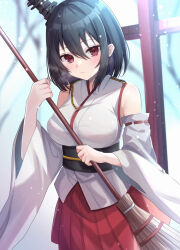 Rule 34 | 1girl, bare shoulders, black hair, blush, broom, closed mouth, commentary, detached sleeves, hair between eyes, hair ornament, hakama, holding, holding broom, japanese clothes, kantai collection, nontraditional miko, red eyes, red hakama, ribbon-trimmed sleeves, ribbon trim, short hair, solo, wide sleeves, yamashiro (kancolle), yoshino (mfmfpng)
