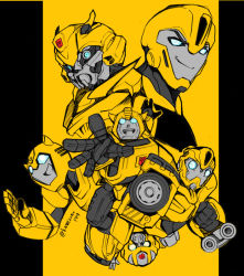 Rule 34 | 1980s (style), 6+boys, arm cannon, artist name, autobot, blue eyes, bumblebee, car, chibi, crossover, flat color, glowing, hasbro, insignia, kamizono (spookyhouse), machine, machinery, male focus, mecha, motor vehicle, multiple boys, multiple persona, no humans, oldschool, open mouth, q-transformers, retro artstyle, robot, science fiction, smile, transformers, transformers: robots in disguise (2015), transformers (live action), transformers animated, transformers prime, vehicle, weapon