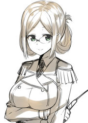 Rule 34 | 10s, 1girl, breasts, folded ponytail, glasses, green eyes, highres, isshiki (ffmania7), kantai collection, katori (kancolle), looking at viewer, monochrome, sketch, smile, solo, spot color, upper body