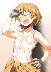 Rule 34 | 10s, 1girl, :d, ^ ^, bare shoulders, blush, breasts, closed eyes, clothes around waist, freckles, girls und panzer, gloves, gradient background, hand on forehead, hand on own hip, jumpsuit, open mouth, orange hair, orange jumpsuit, overalls, pandain, see-through, shirt, short hair, sleeveless, small breasts, smile, solo, sweat, tank top, tsuchiya (girls und panzer), upper body, wet, wet clothes, white shirt