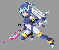 Rule 34 | 1girl, android, armor, blue eyes, blue footwear, boots, character name, closed mouth, full body, green outline, grey background, helmet, holding, holding polearm, holding weapon, fairy leviathan (mega man), looking at viewer, mawaru (mawaru), mega man (series), mega man zero (series), outline, polearm, robot, simple background, smile, solo, thigh boots, weapon