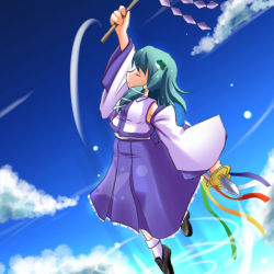 Rule 34 | 1girl, bedrawbox, blue skirt, dagger, detached sleeves, dual wielding, closed eyes, female focus, flying, frog hair ornament, gohei, green hair, hair ornament, holding, holding weapon, knife, kochiya sanae, loafers, long sleeves, mizushima kai, nontraditional miko, shoes, short hair, skirt, snake hair ornament, solo, touhou, vest, weapon