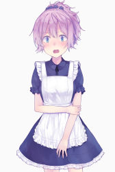 Rule 34 | 1girl, absurdres, aoba (kancolle), apron, blue dress, blue eyes, blue scrunchie, commentary request, cowboy shot, dress, embarrassed, frilled apron, frilled dress, frills, hair ornament, hair scrunchie, highres, kantai collection, looking at viewer, ponytail, purple hair, scrunchie, shikajima shika, short hair, simple background, solo, white apron, white background
