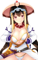 Rule 34 | 1girl, bead necklace, beads, bikini, breasts squeezed together, breasts, brown hair, cleavage, fate/grand order, fate (series), hat, jewelry, large breasts, light smile, long hair, looking at viewer, necklace, o-ring, pink eyes, simple background, solo, swimsuit, thighs, uni8, very long hair, white background, white bikini, xuangzang sanzang (fate)