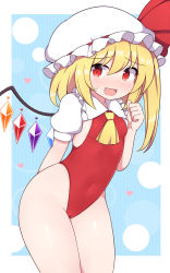 Rule 34 | 1girl, alternate costume, ascot, bare legs, blonde hair, commentary, covered navel, crystal, flandre scarlet, hat, highleg, highleg leotard, highres, leotard, looking at viewer, mob cap, open mouth, red eyes, red leotard, rizento, side ponytail, solo, thighs, touhou, white hat, wings, yellow ascot