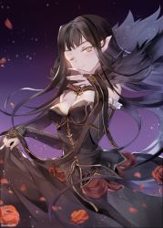 Rule 34 | 1girl, ;), bad id, bad pixiv id, black dress, black gloves, black hair, breasts, bridal gauntlets, cleavage, dress, elbow gloves, fate/apocrypha, fate (series), fingerless gloves, flower, gloves, gradient background, hand to own mouth, long hair, looking at viewer, medium breasts, one eye closed, petals, pointy ears, rose, rose petals, sandeul, semiramis (fate), sidelocks, simple background, slit pupils, smile, solo, very long hair, yellow eyes