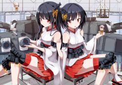 Rule 34 | 10s, 2girls, absurdres, ayuya naka no hito, bare shoulders, black hair, breasts, damage control crew (kancolle), detached sleeves, fairy (kancolle), fusou (kancolle), gotyou, hair ornament, helmet, highres, japanese clothes, kantai collection, large breasts, long hair, multiple girls, nontraditional miko, open mouth, personification, red eyes, short hair, smile, turret, yamashiro (kancolle)