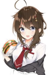 Rule 34 | 1girl, :d, ahoge, bad id, bad twitter id, black jacket, blue eyes, braid, breast pocket, brown hair, burger, collared shirt, food, hair flaps, hair ornament, hair over shoulder, highres, holding, holding food, jacket, kantai collection, long hair, looking at viewer, necktie, off-shoulder jacket, off shoulder, official alternate costume, open mouth, pocket, red necktie, shigure (kancolle), shigure kai ni (kancolle), shirt, simple background, single braid, smile, solo, upper body, uzuki tsukuyo, white background, white shirt