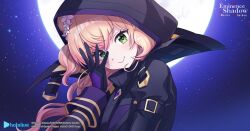 1girl artist_request black_coat black_gloves black_hood blonde_hair closed_mouth coat cosplay flower full_moon gloves green_eyes hair_flower hair_ornament highres hololive kage_no_jitsuryokusha_ni_naritakute! kage_no_jitsuryokusha_ni_naritakute!_master_of_garden logo long_hair momosuzu_nene moon night night_sky official_art shadow_(cid_kagenou) shadow_(cid_kagenou)_(cosplay) sky smile two_side_up upper_body white_flower