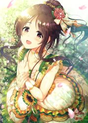 Rule 34 | 1girl, :d, absurdres, brown eyes, brown hair, bush, collarbone, commentary request, dress, flower, frilled dress, frills, from above, green dress, hair flower, hair ornament, highres, idolmaster, idolmaster cinderella girls, long hair, looking at viewer, ment, open mouth, own hands clasped, own hands together, parted bangs, petals, ponytail, sidelocks, sleeveless, sleeveless dress, smile, solo, sparkle, standing, sunflower, takamori aiko, wrist cuffs