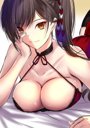 Rule 34 | 1girl, akeyama kitsune, azur lane, bare shoulders, breasts, brown eyes, brown hair, cleavage, closed mouth, downblouse, dress, gradient background, hair ornament, large breasts, long hair, looking at viewer, lying, no bra, on stomach, red dress, side ponytail, smile, solo, zuikaku (azur lane)