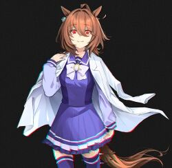 1girl agnes_tachyon_(umamusume) ahoge animal_ears black_background bow bowtie breasts brown_hair chromatic_aberration closed_mouth coat coat_on_shoulders cowboy_shot earrings glitch hair_between_eyes hand_up horse_ears horse_girl horse_tail jewelry kaho_(ramb) lab_coat long_sleeves looking_at_viewer medium_hair purple_shirt purple_skirt purple_thighhighs red_eyes sailor_collar school_uniform shirt single_earring skirt small_breasts smile solo standing tail thighhighs tracen_school_uniform umamusume