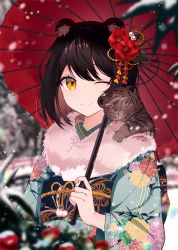 Rule 34 | 1girl, ^ ^, absurdres, animal, animal ears, bad id, bad pixiv id, black hair, blurry, blurry background, closed eyes, closed mouth, commentary, depth of field, flower, fur trim, hair flower, hair ornament, highres, holding, japanese clothes, kimono, long hair, looking at viewer, one eye closed, original, red flower, shan (ti0n), smile, snowing, standing, upper body, yellow eyes