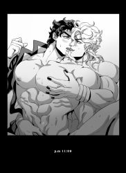 Rule 34 | 2boys, bare pectorals, birthmark, coat, cum on chest, dio brando, drooling, french kiss, greyscale, hand on own hip, highres, implied anal, joestar birthmark, jojo no kimyou na bouken, kiss, kuujou joutarou, large pectorals, less end, male focus, monochrome, multiple boys, muscular, muscular male, naked coat, no headwear, no headwear, pectorals, scar, scar on face, spread legs, stardust crusaders, topless male, yaoi