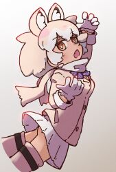 Rule 34 | 1girl, animal ears, bow, bowtie, brown eyes, extra ears, fang, gloves, grey background, grey hair, highres, jacket, kemono friends, long hair, looking at viewer, scarf, simple background, skirt, solo, sorairo meronpan, thighhighs, tundra wolf (kemono friends), wolf ears, wolf girl