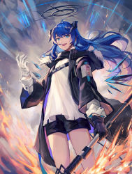 Rule 34 | 1girl, arknights, asymmetrical gloves, black gloves, black halo, black jacket, black shorts, black wings, blouse, blue eyes, blue hair, commentary request, cowboy shot, dark halo, demon girl, demon horns, demon tail, detached wings, elite ii (arknights), energy wings, female focus, fire, fur-trimmed hood, fur trim, gloves, halo, highres, hood, hood down, hooded jacket, horns, jacket, long hair, long sleeves, looking at viewer, mismatched gloves, mostima (arknights), open clothes, open jacket, open mouth, originium arts (arknights), shirt, shorts, solo, tail, teeth, tengo (maotengo), upper teeth only, white gloves, white shirt, wings