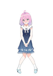 Rule 34 | 1girl, absurdres, ahoge, blue dress, blue footwear, blush, bow, bowtie, bracelet, breasts, buttons, clenched hand, collarbone, crescent, crescent earrings, crescent necklace, crescent print, dress, earrings, embarrassed, female focus, flat chest, footwear bow, full body, gradient hair, green eyes, grin, have to pee, heterochromia, high heels, highres, himemori luna, himemori luna (sundress), hololive, jewelry, looking at viewer, medium breasts, multicolored hair, necklace, nervous smile, nose blush, own hands together, paulpo, pigeon-toed, pink hair, purple eyes, purple hair, see-through, shoes, sidelocks, sleeveless, sleeveless dress, smile, socks, solo, standing, star (symbol), star print, straight-on, sweat, tears, teeth, two-tone hair, virtual youtuber, wavy mouth, white bow, white bowtie, white socks