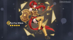 Rule 34 | 1girl, armor, artist name, character name, commentary, english commentary, genshin impact, green eyes, hair between eyes, high heels, highres, holding, holding polearm, holding shield, holding weapon, long hair, looking at viewer, polearm, ponytail, pyrrha nikos, red hair, rwby, shield, solo, spear, star (symbol), tehshraid, watermark, weapon