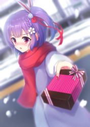 Rule 34 | 1girl, blurry, blurry background, blush, box, braid, commentary request, flower, gift, gift box, hair flower, hair ornament, hair ribbon, highres, holding, holding gift, jacket, kakeyu, looking away, nail polish, one side up, outdoors, outstretched arm, purple hair, red eyes, red nails, red ribbon, red scarf, ribbon, road, scarf, short hair, single braid, snow, solo, tenjin kotone, tenjin kotone (channel), virtual youtuber, white jacket