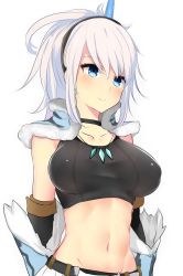 Rule 34 | 1girl, blue eyes, blush, breasts, capelet, crop top, furaggu, highres, horn ornament, horns, jewelry, kirin (armor), large breasts, midriff, monster hunter (series), monster hunter: world, navel, necklace, single horn, smile, solo, upper body, vambraces, white hair