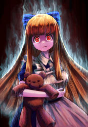 Rule 34 | 1girl, absurdres, apron, aura, black alice, blonde hair, bow, collar, collared dress, dress, facing viewer, female focus, frills, hair bow, hair ornament, highres, holding, horror (theme), large bow, long hair, looking at viewer, mon-musu quest!, monster girl, red eyes, short sleeves, skirt, smile, stuffed animal, stuffed toy, teddy bear, to kage p, very long hair, wing collar