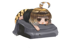 Rule 34 | 1girl, :d, ahoge, barefoot, black shirt, blush, brown eyes, brown hair, chibi, commentary request, dokomon, full body, highres, korean commentary, looking at viewer, lying, on rock, on stomach, open mouth, original, personification, rock, shirt, simple background, smile, snake tail, solo, tail, white background