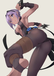 Rule 34 | 1girl, absurdres, armpits, ass, bare shoulders, black gloves, black hairband, black leotard, breasts, center opening, dark-skinned female, dark skin, fate/prototype, fate/prototype: fragments of blue and silver, fate (series), fingerless gloves, gloves, hairband, hassan of serenity (fate), highres, knife, leggings, leotard, looking at viewer, medium breasts, parted lips, purple eyes, purple hair, short hair, sidelocks, yamachi (xadp7533)