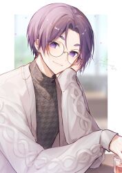 Rule 34 | 1boy, black shirt, blue lock, cardigan, closed mouth, cup, glasses, grey cardigan, guribato, highres, jewelry, long sleeves, looking at viewer, male focus, mikage reo, necklace, purple eyes, purple hair, round eyewear, shirt, short eyebrows, short hair, sleeves past wrists, smile, solo, table, upper body
