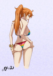 Rule 34 | 1girl, ass, ass support, back, backboob, bikini, bracelet, breasts, brown eyes, closed mouth, colored stripes, cropped legs, earrings, from behind, highres, jewelry, kyabakurabakufu, large breasts, long hair, looking at viewer, looking back, multicolored bikini, multicolored clothes, nami (one piece), one piece, orange hair, ponytail, signature, smile, solo, standing, striped, swimsuit