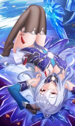 Rule 34 | +water, 1girl, absurdres, armpits, arms up, black gloves, black thighhighs, blue dress, blue sleeves, breasts, choko (cup), crystal sword, cup, detached sleeves, dress, full body, gloves, hair between eyes, hands up, highres, honkai: star rail, honkai (series), ice shard, jingliu (honkai: star rail), jndfh, knees up, legs together, looking at viewer, lying, medium breasts, no shoes, on back, parted lips, red eyes, sidelocks, soles, solo, spill, sword, thighhighs, tiptoes, upside-down, weapon, white hair