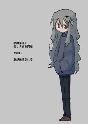 Rule 34 | 1girl, :/, absurdres, agoshi sakina, black pants, blue sweater, brown eyes, brown footwear, character name, efra-chan, expressionless, fish hair ornament, full body, grey background, grey hair, hair ornament, hands in pockets, highres, jitome, long hair, long sleeves, looking at viewer, null-meta, pants, shoes, sidelocks, solo, sweater, translation request, turtleneck, turtleneck sweater, wavy hair