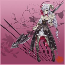 Rule 34 | 1girl, android, ashlotte maedel, character name, drill hair, gears, gothic lolita, highres, huge weapon, light purple hair, lolita fashion, long hair, looking at viewer, polearm, silver hair, solo, soul calibur, soulcalibur, soulcalibur iv, standing, very long hair, weapon, xuexue yue hua, yellow eyes