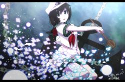 Rule 34 | 1girl, anchor, black hair, border, chain, danmaku, dated, gradient background, green eyes, hat, ice (aitsugai), kneehighs, ladle, looking at viewer, murasa minamitsu, open mouth, outstretched arm, sailor collar, sailor hat, shirt, short hair, short sleeves, shorts, smile, socks, solo, touhou, twitter username, white socks