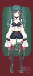 Rule 34 | 1girl, bare shoulders, belt, belt buckle, black shorts, breasts, brown thighhighs, buckle, closed mouth, collarbone, commentary request, copyright request, detached sleeves, full body, garter straps, green background, green hair, hair ornament, heart, heart-shaped buckle, heart hair ornament, highres, korean text, long hair, long sleeves, looking at viewer, navel, no shoes, official art, puffy long sleeves, puffy sleeves, red background, red belt, red eyes, see-through, see-through sleeves, short shorts, shorts, silltare, sleeves past fingers, sleeves past wrists, small breasts, smile, solo, standing, thighhighs, torn clothes, torn thighhighs, twitter username, two-tone background, two side up, virtual youtuber