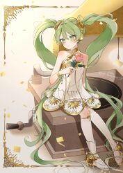 Rule 34 | 1girl, blush, boots, choker, confetti, dress, flower, gramophone miku, green eyes, green hair, hatsune miku, headphones, highres, holding, holding flower, knee strap, long hair, looking to the side, maca1227, miku symphony (vocaloid), phonograph, pleated skirt, rose, see-through, see-through dress, single leg pantyhose, sitting, skirt, smile, solo, strapless, strapless dress, twintails, very long hair, vocaloid