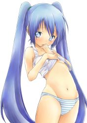 Rule 34 | 1girl, blue eyes, blue hair, blue panties, child, clothes lift, cowboy shot, female focus, hand to own mouth, hatsune miku, long hair, matching hair/eyes, nakoumi kokoro, navel, panties, shirt lift, shy, simple background, solo, standing, stomach, striped clothes, striped panties, twintails, underwear, very long hair, vocaloid, white background