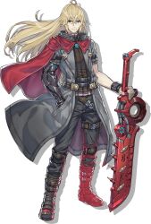 Rule 34 | 1boy, ahoge, blonde hair, boots, cape, full body, hand in pocket, highres, jacket, long hair, mechanical arms, monado, official art, red cape, saitou masatsugu, shulk (xenoblade), single mechanical arm, solo, standing, sword, transparent background, weapon, xenoblade chronicles (series), xenoblade chronicles 3, xenoblade chronicles 3: future redeemed