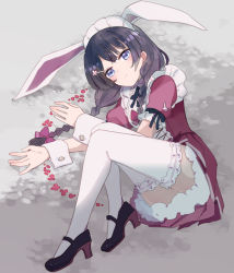 Rule 34 | 1girl, :|, animal ears, apron, black footwear, black hair, blue eyes, braid, closed mouth, commentary request, dress, expressionless, fake animal ears, flower, full body, grey background, hair flower, hair ornament, high heels, long hair, looking at viewer, lying, maid, maid apron, maid headdress, nijisanji, on ground, on side, petticoat, purple dress, rabbit ears, short dress, short sleeves, solo, sou (tuhut), thighhighs, tsukino mito, tsukino mito (9th costume), twin braids, upskirt, virtual youtuber, white thighhighs, wrist cuffs