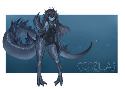 Rule 34 | 1girl, 41 (chvinyau), absurdres, bare shoulders, black hair, black one-piece swimsuit, blue eyes, breasts, commentary, covered navel, glowing, glowing eyes, godzilla, godzilla (series), hair between eyes, highres, long hair, looking at viewer, middle finger, monster girl, old school swimsuit, one-piece swimsuit, personification, scales, school swimsuit, sharp teeth, small breasts, solo, standing, swimsuit, tail, teeth, very long hair