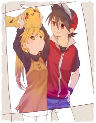Rule 34 | 1boy, 1girl, baseball cap, black hair, black shirt, blonde hair, blue pants, carrying, closed mouth, creatures (company), game freak, gen 1 pokemon, hand on own hip, hands up, hat, highres, holding, holding pokemon, jacket, long hair, long sleeves, looking at another, looking up, natzu (koikoi820), nintendo, open mouth, outside border, pants, pikachu, pokemon, pokemon (creature), pokemon adventures, ponytail, popped collar, princess carry, red (pokemon), red eyes, red jacket, shirt, short hair, short sleeves, simple background, smile, spiked hair, yellow (pokemon), yellow eyes, yellow tunic