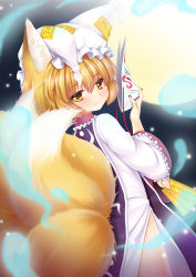 Rule 34 | 1girl, absurdres, animal ears, blonde hair, blush, female focus, fox ears, fox mask, fox tail, full moon, hat, highres, looking at viewer, looking back, mask, moon, multiple tails, ofuda, short hair, side slit, smile, solo, tail, touhou, wolflong, yakumo ran, yellow eyes