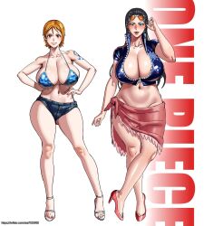 Rule 34 | 2girls, asa (teng zi), breasts, highres, huge breasts, multiple girls, nami (one piece), nico robin, one piece, orange hair