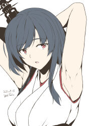 Rule 34 | 1girl, armpits, bare shoulders, black hair, black headwear, breasts, highres, japanese clothes, kantai collection, medium breasts, medium hair, open mouth, red eyes, solo, taira yuuki, twitter username, upper body, white background, yamashiro (kancolle)