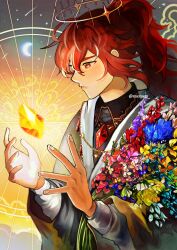 Rule 34 | 1boy, artist name, blush, crescent moon, diluc (genshin impact), flower, gem, genshin impact, halo, hands up, highres, long hair, long sleeves, male focus, moon, pink flower, ponytail, profile, purple flower, red flower, red hair, shooting star, solo, upper body, white flower, xindi, yellow flower