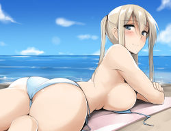 Rule 34 | 10s, 1girl, ass, bare shoulders, barefoot, beach, bikini, blue bikini, blue eyes, blue sky, blush, breast rest, breasts, closed mouth, crossed arms, day, from behind, graf zeppelin (kancolle), hair between eyes, horizon, kantai collection, large breasts, leg up, light brown hair, long hair, looking at viewer, looking back, lying, md5 mismatch, ocean, on stomach, outdoors, resolution mismatch, sand, side-tie bikini bottom, sideboob, sky, smile, solo, source larger, string bikini, swimsuit, trefoil, twintails, untied bikini, water, zekkyon