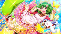 Rule 34 | 1girl, :d, ahoge, animal ear fluff, animal ears, apron, bloomers, cat ears, cat tail, curly hair, dress, flower, frills, game cg, green hair, hair flower, hair ornament, macross, macross frontier, multicolored hair, nail polish, official art, oosanshouuo-san, open mouth, paw pose, pink dress, pink flower, pink nails, pink rose, ranka lee, red eyes, ribbon, rose, short hair, smile, solo, tail, two-tone hair, underwear, uta macross sumaho deculture