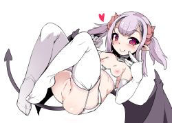 Rule 34 | 1girl, anus, betoko, blush, breasts, cleft of venus, demon girl, demon tail, elbow gloves, garter belt, gloves, harigane shinshi, heart, highres, horns, light purple hair, long hair, nipples, no panties, original, pointy ears, pussy, red eyes, small breasts, smile, solo, demon girl, tail, thighhighs, uncensored, underbust, white background